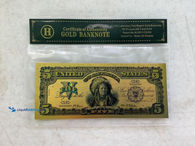 Lot 49-1505512 - BEAUTIFUL 24K GOLD FOIL 5 DOLLAR BANKNOTE BILL WITH COA #COINS1211