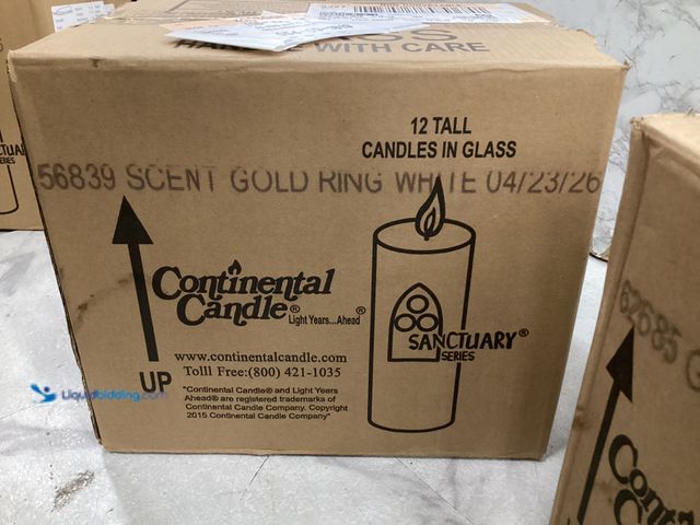 Lot 49-5542395 - Continental Candle 12 Pack Tall Glass (Gold Ring White) Factory Sealed