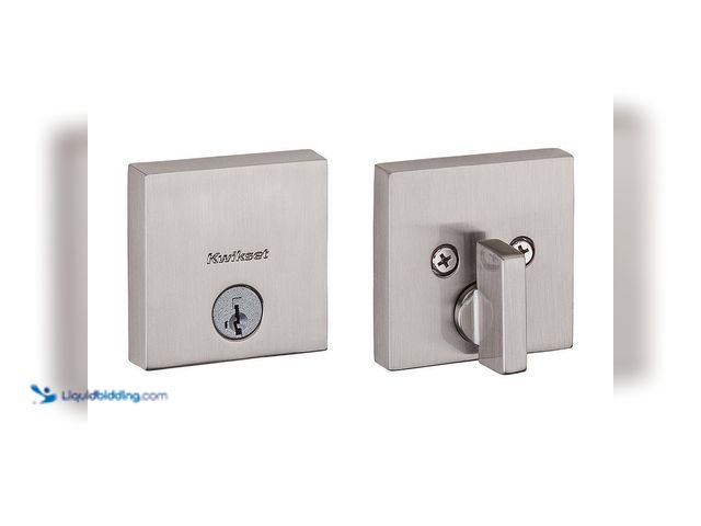 Lot 49-5408022 - Kwikset Downtown Low Profile Satin Nickel Square Single Cylinder Contemporary Deadbolt featuring Sma...