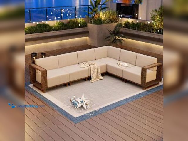 Lot 49-1597877 - PHI VILLA Brown Rattan Wicker 6 Seat 6-Piece Steel Outdoor Sectional Set with Beige Cushions Model #...