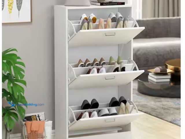Lot 49-1566893 - FUFU&GAGA 22.4 in. W x 41.7 in. H White Wood 18-Pair Wood Shoe Storage Cabinet with 6-Foldable Compa...