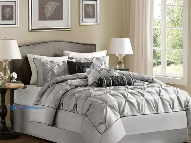 Lot 49-5543784 - Gray Piedmont Pieced Comforter Set with Pleats (Queen) 7pc: Madison Park, Luxury Bedding Ensemble, P...