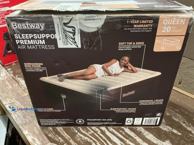 Lot 49-5559173 - Bestway Maroon SleepSupport Premium Air Mattress Queen 20” with Built-in AC Pump. Unused