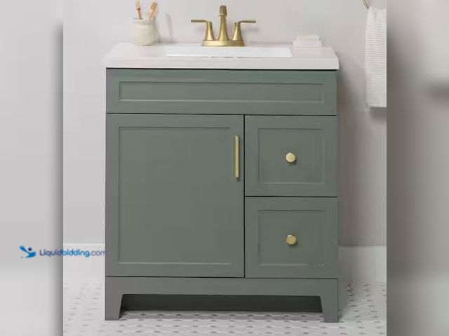 Lot 49-1537732 - Glacier Bay Chasbury 31 in. Single Sink Palm Green Bath Vanity with White Cultured Marble Top (Assem...