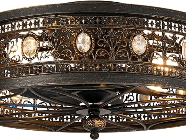 Lot 49-5433987 - Caged Ceiling Fans with Lights,Vintage Victorian Rustic Crystal Fandelier,Low Profile Flush Mount,Sm...