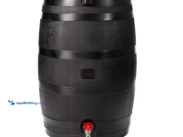 Lot 49-1631983 - RTS Home Accents 50 Gal. Rain Barrel in Black, Model # 551000300A8081, Slightly used, No attachments...