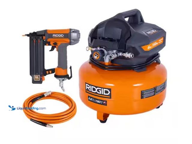 Lot 49-1630941 - RIDGID 6 Gal. 150 PSI Portable Electric Oil-Free Jobsite Pancake Air Compressor with 25 ft. Air Hose...