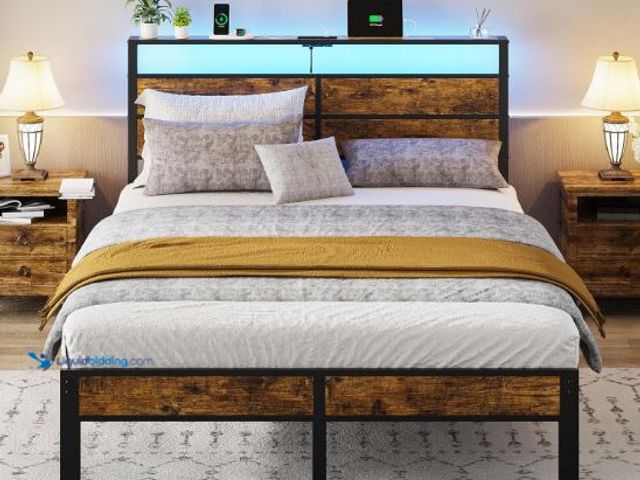 Lot 49-1569709 - Liians Queen Size Bed Frame, Queen Bed with Charging Station Headboard and LED Lights, Platform Bed ...