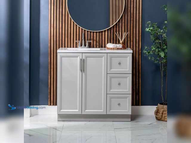 Lot 49-2024905 - Glacier Bay Bannon 37 in. Single Sink Pearl Gray Freestanding Bath Vanity with Granite-Look Colorpoi...