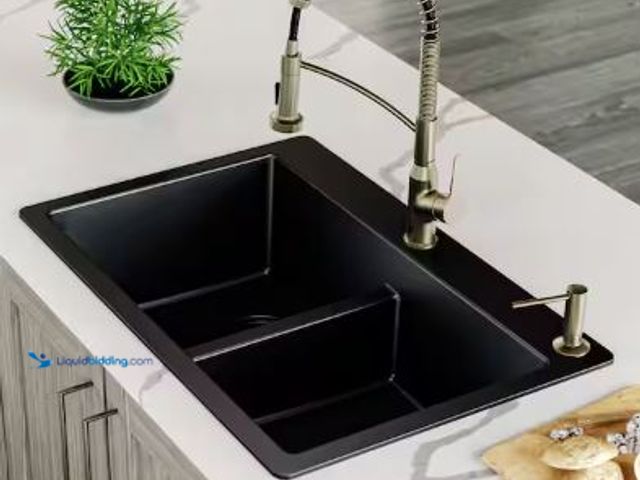 Lot 49-5436341 - Karran Black Quartz 33 in. 50/50 Double Bowl Composite Drop-in Kitchen Sink. Model # QT-810-BL. Unus...