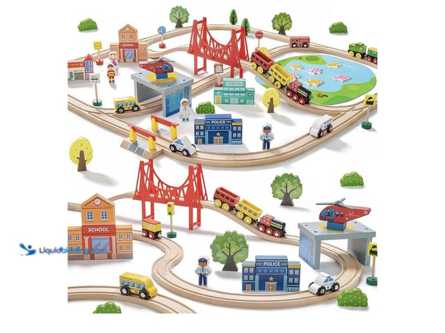 Lot 49-1810591 - WOODEN TRAIN SET.   Tiny Land 110PCS Wooden Train Set – Toy Train with Tracks for Kids Ages 3-7, Com...