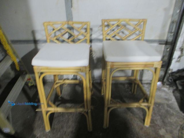 Lot 49-1804652 - Tan Wood Chair 2 Set of 2 Modern rattan countertop stools. USED.