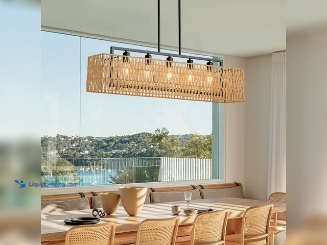 Lot 49-5581795 - 40" Rattan Chandelier, Boho Kitchen Island Rectangle Linear Light 5-Light, Hand Woven, Large Rectang...