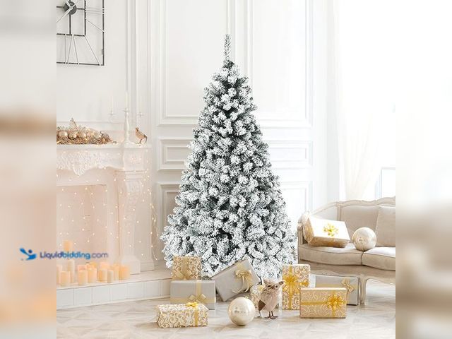 Lot 49-1548176 - COSTWAY 6 FT Pre-Lit Christmas Tree, Snow Flocked Hinged Xmas Tree with 600 Branches Tips & 250 LED ...