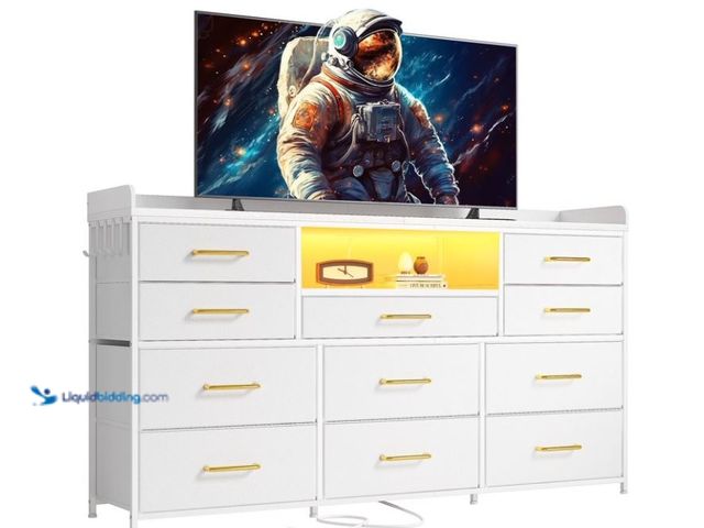 Lot 49-3472669 - EnHomee White Dresser TV Stand for 55" TV with LED Lights & Power Outlets Model #6937001143, Used, C...