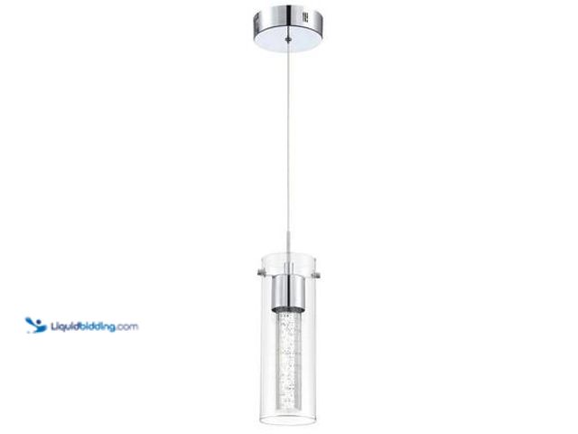 Lot 49-5572378 - Uixe 8.5-Watt Integrated LED Chrome Pendant with Crystal Bubble Glass Shade. Model # SSL-50871. Unus...