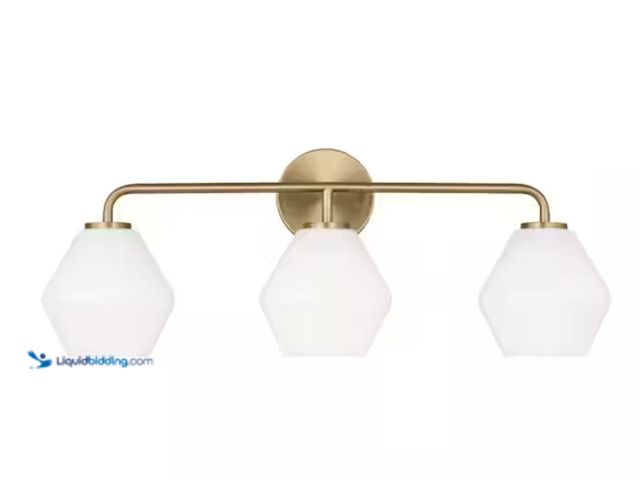 Lot 49-3611914 - Generation Lighting Jett 26 in. 3-Light Satin Brass Bathroom Vanity Light with Milk Glass Shades, Mo...