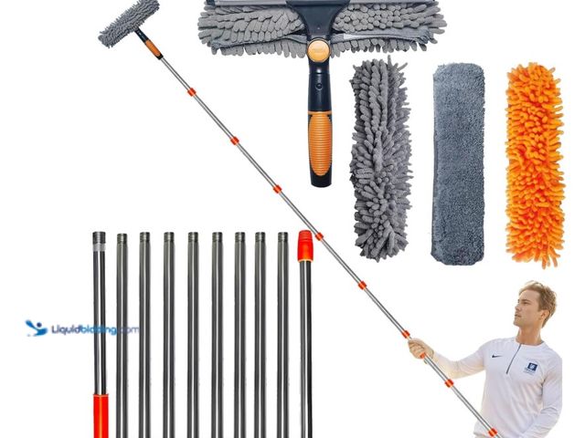 Lot 49-3463437 - 22 ft+ Reach Squeegee Window Cleaner Duster 2 in 1 Rotatable Window Cleaning Tool Kit with 3-14 ft E...