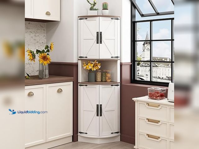 Lot 49-5407495 - Vabches 64.8" Tall Farmhouse Corner Cabinet with 4 Doors and 5 Storage Shelves, Farmhouse Storage Ca...