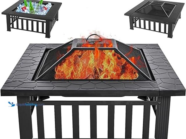 Lot 49-3511311 - Multifunctional Fire Pit Table 32 inch Square Metal Firepit Stove Backyard Patio Garden Fireplace fo...