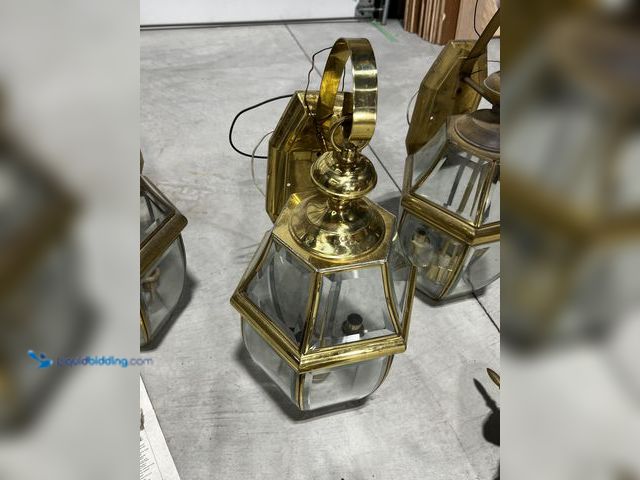 Lot 49-1830859 - Vintage Hampton Bay Wall Lanterns 
Brass colored with beveled Glass
Used