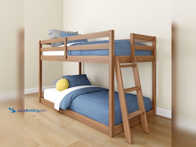 Lot 49-5459317 - Grain & Grove Bear Twin Over Twin Bunk Bed, Low Bunk Bed Frame for Kids, Bunk with Ladder, Guardrail...