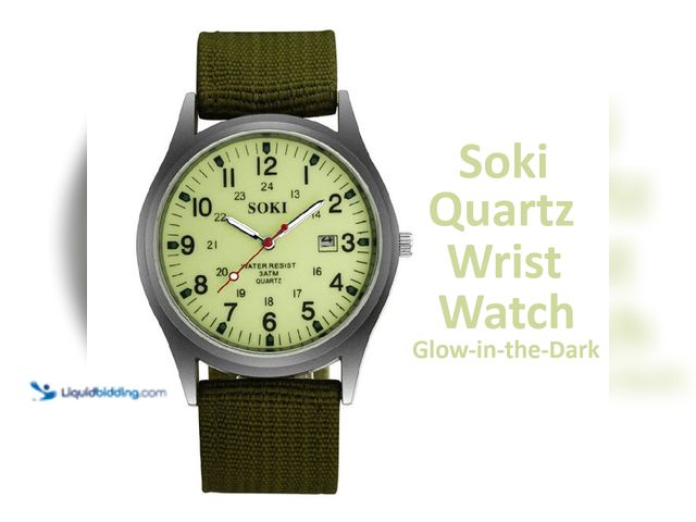 Lot 49-5434338 - SOKI Quartz Wrist Watch with Date Display and Nylon Strap - Glow-In-The-Dark Green - Featuring quart...