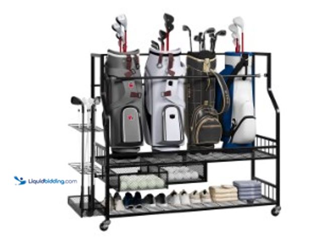 Lot 49-3631499 - Mobile Golf Bag Storage Rack with Wheels – Holds 4 Large Bags, Clubs, Balls & Accessories – Organize...