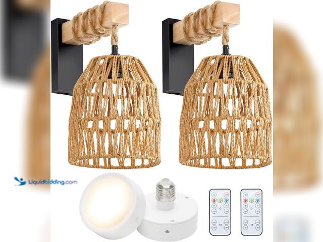 Lot 49-3529108 - Battery Operated Wall Sconce, Boho Wall Sconces Battery Operated Set of 2, Rattan Battery Wall Sconc...