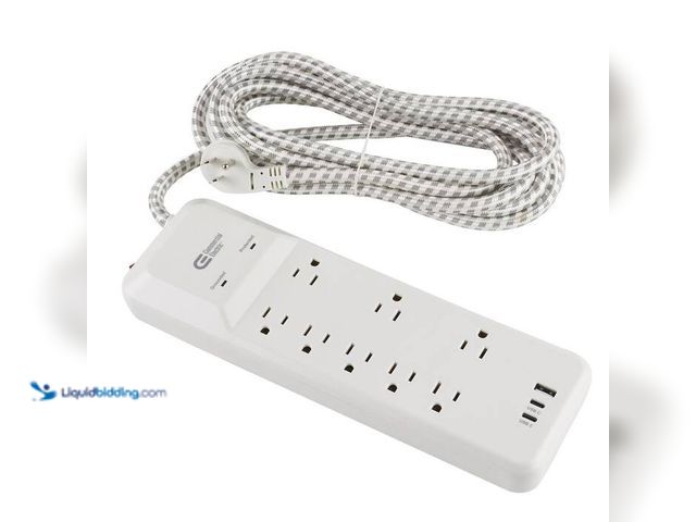 Lot 49-2024110 - Commercial Electric 12 ft. 8-Outlet Surge Protector Braided Cord with 1 USB-A and 2 USB-C, White. Mo...