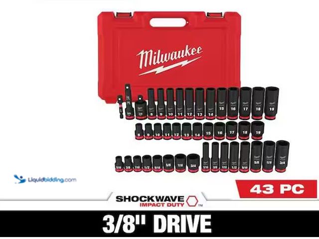 Lot 49-1568698 - Milwaukee SHOCKWAVE 3/8 in. Drive SAE and Metric 6 Point Impact Socket Set (43-Piece) Model # 49-66-...