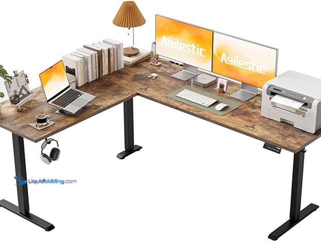 Lot 49-1630730 - 75 x 61 Inch L-Shaped Electric Standing Desk, Rustic Brown | Corner Desk, Ample Workspace, Memory Pr...