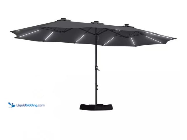 Lot 49-1515687 - Mondawe 15 ft. Patio Solar Market Umbrella Double-Sided Outdoor Umbrella with Base and Detachable Li...