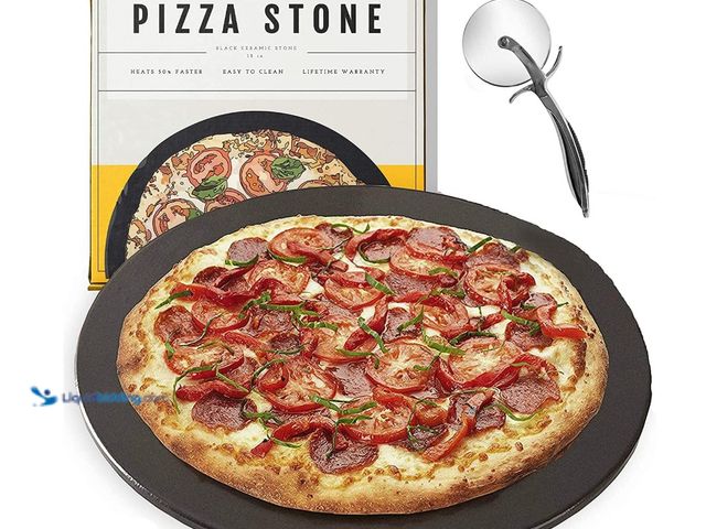 Lot 49-3465287 - Heritage 15" Ceramic Pizza Stone Set - Non-Stick, Stain-Free with Bonus Cutter - Black, Model# B00O8...