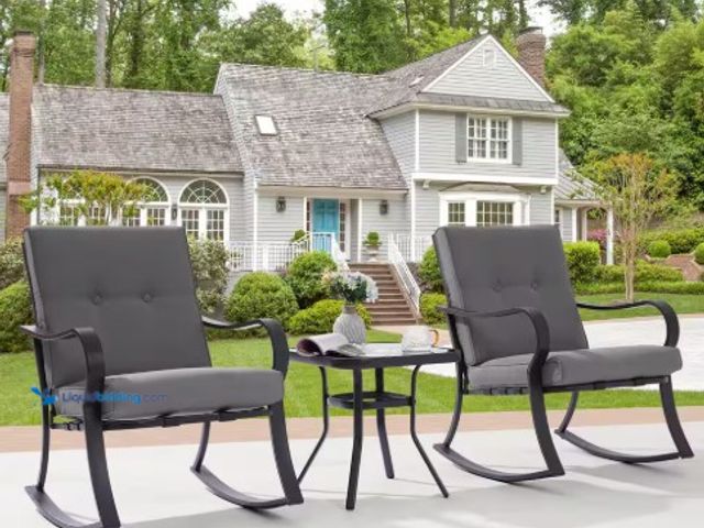 Lot 49-1516667 - Sonkuki 3-Piece Metal Frame Outdoor Bistro Set 2 Rocking Chairs with Gray Cushions and Tempered Glas...