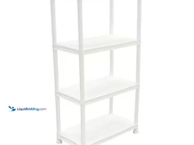 Lot 49-3431819 - HDX 4-Tier Easy Assembly Multi-purpose Plastic Garage Storage Shelving Unit in Gray (28 in. W x 52 i...