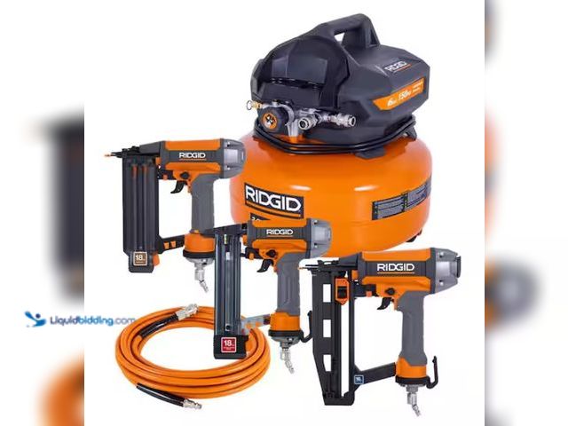 Lot 49-3470861 - RIDGID 6 Gal. 150 PSI Electric Air Compressor with 25 ft. Hose, 18GA Brad Nailer, 16GA Finish Nailer...