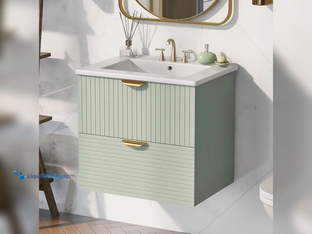 Lot 49-5408571 - Modern 24-Inch Wall-Mounted Bathroom Vanity with 2 Drawers, Green - Ideal for Small Bathrooms. Unuse...