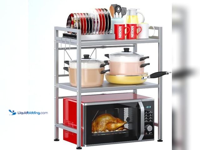 Lot 49-5433743 - PUSDON Microwave Oven Rack, Adjustable Shelf Organizer 3-Tiers with 3 Hooks, & 160lbs Capacity for K...