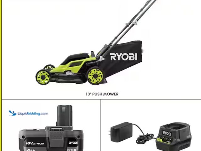 Lot 49-1623708 - RYOBI ONE+ 18V 13 in. Cordless Battery Walk Behind Push Lawn Mower with 4.0 Ah Battery and Charger, ...