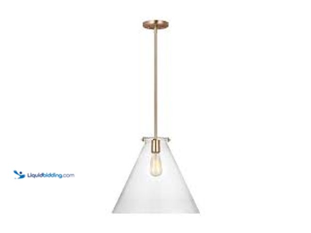 Lot 49-5448989 - Kate 1-Light Satin Brass Cone Hanging Pendant with Clear Glass Shade. Model # 6592101-848. Unused
