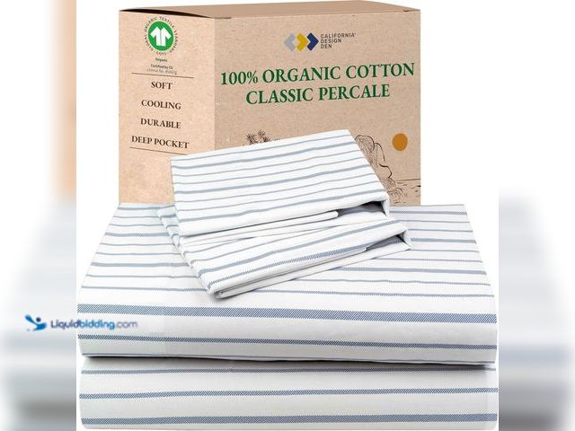Lot 49-5539699 - California Design Den Stripe Sheets Queen Size Set - 100% Organic Cotton, Soft and Crisp Percale, Du...
