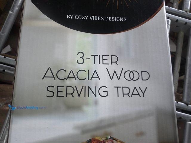 Lot 49-1518570 - 3 Tier Acacia Wooden Serving Tray With Metal Legs, Unused  Ref#MTMED0804
