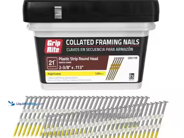 Lot 49-1519180 - 2-3/8 in. x 0.113 in. 21° Plastic Collated Bright Coated Smooth Shank Nails 1000 per Box, Model # GR...