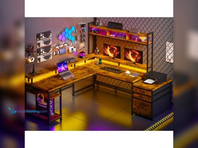 Lot 49-5408583 - EnHomee 63" L Shaped Desk with Power Outlet & LED Lights Reversible Computer Desk for Home Office Ru...