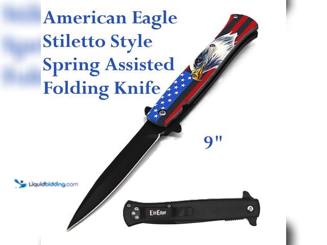 Lot 49-1616316 - ElitEdge American Eagle Stiletto Style Spring Assisted Folding Knife 9" with Black Stainless Steel B...