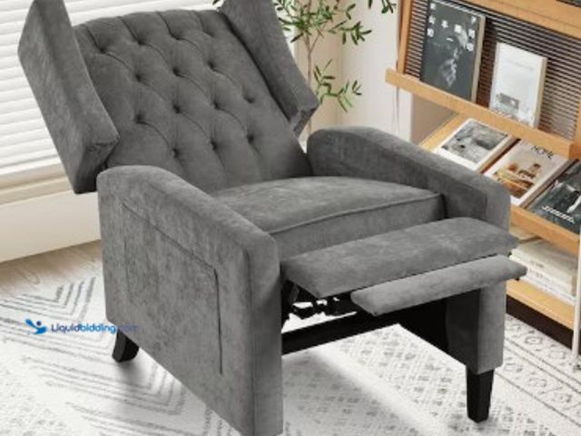 Lot 49-2022914 - Noble House Esme Gray Polyester Manual Adjustable Wingback Recliner Chair with Foldable Side Table a...