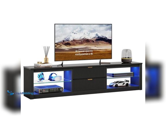 Lot 49-2024414 - Bestier Modern Glossy Black TV Stand Fits TVs up to 85 in. with RGB Lighting, Adjustable Shelves and...
