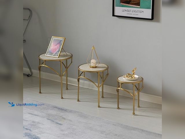 Lot 49-1548679 - Decorative Gold Metal Round Plant Stand, Modern White Marble Look Top Display End Side Table, Set of...