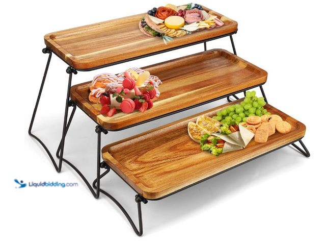 Lot 49-3463502 - Eco-Friendly Cupcake Stand Cheese Charcuterie Boards Food Platter Serving Tray Acacia Wooden Tower D...